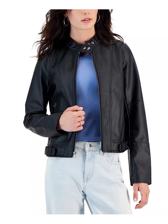 BLACK Women's Faux-Leather Long-Sleeve Moto Jacket, US Small
