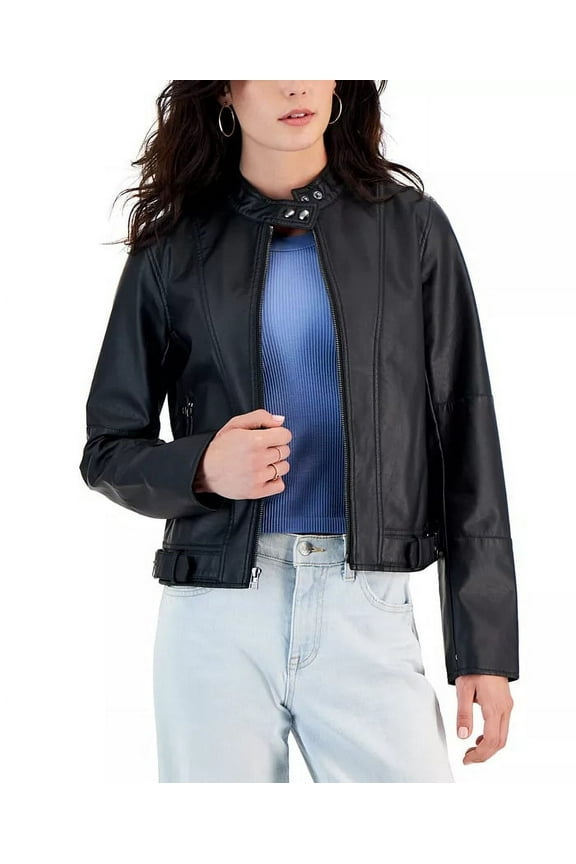 BLACK Women's Faux-Leather Long-Sleeve Moto Jacket, US Small