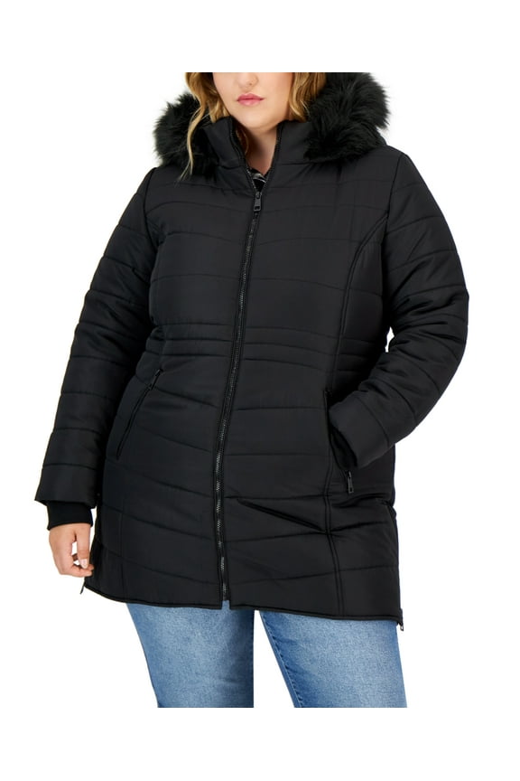 BLACK Women's Plus Cozy-Collar Faux-Fur-Hood Puffer Coat , 1X