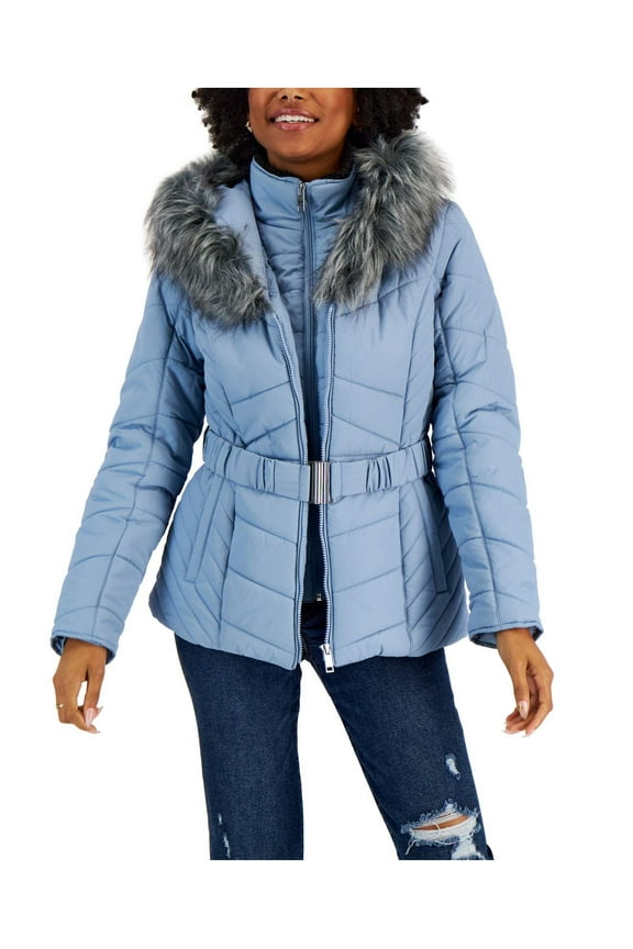 FROZEN BLUE Juniors' Faux-Fur Hooded Belted Puffer Jacket, M