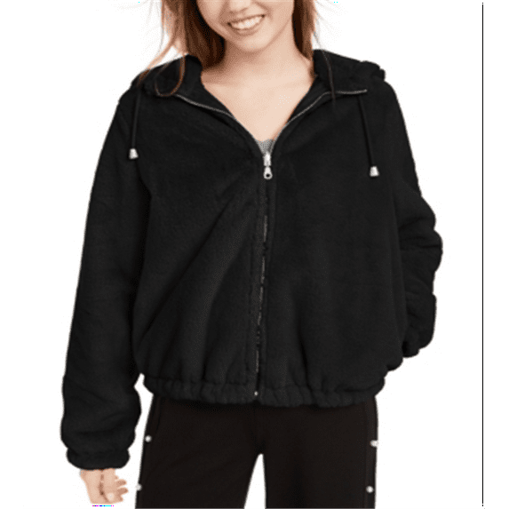 Maralyn & Me Junior's Reversible Cropped Hooded Faux Fur Coat Black Size XX-Large