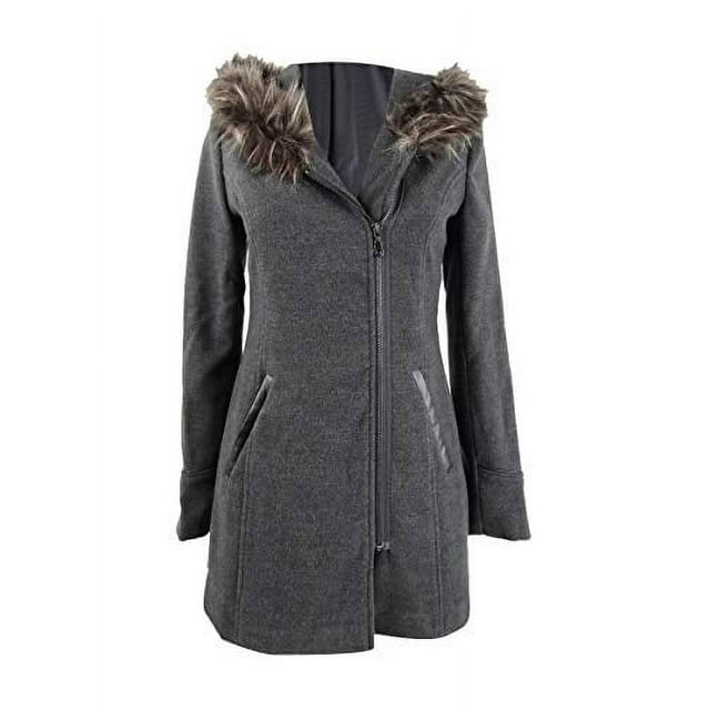 Maralyn & Me Juniors' Asymmetrical-Zip Faux-Fur-Trim Hooded Coat (S, Charcoal)