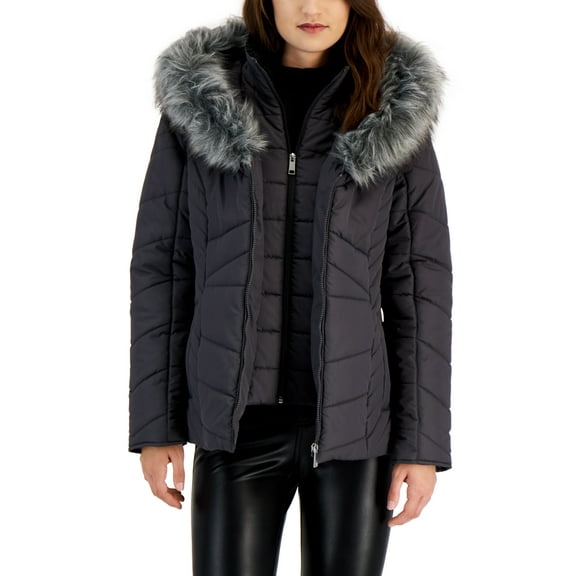 Maralyn & Me Juniors' Belted Faux-Fur-Trim Hooded Puffer Coat, - Concrete, Grey Jacket