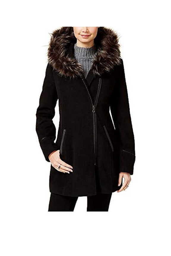 Maralyn Me Juniors' Faux-Faux-Trim Hooded Coat Black Size Small