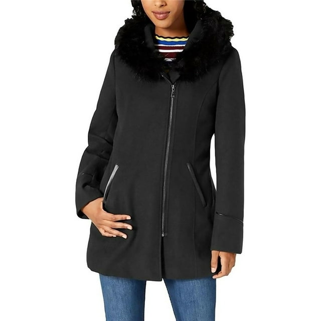 Maralyn & Me Juniors' Faux-Fur-Trim Asymmetrical Hooded Walker Coat CHARCOAL XS New with box/tags