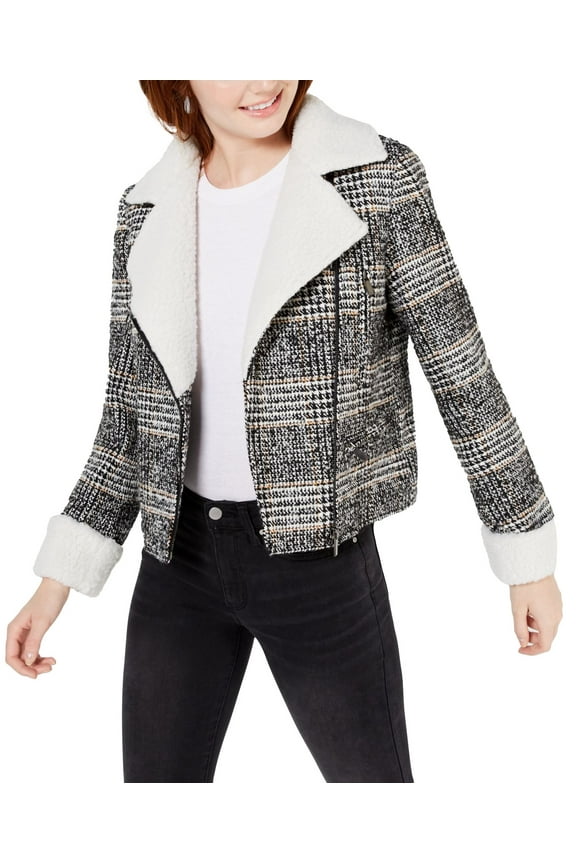 Juniors Faux-Shearling-Trim Moto Jacket, Charcoal, XL