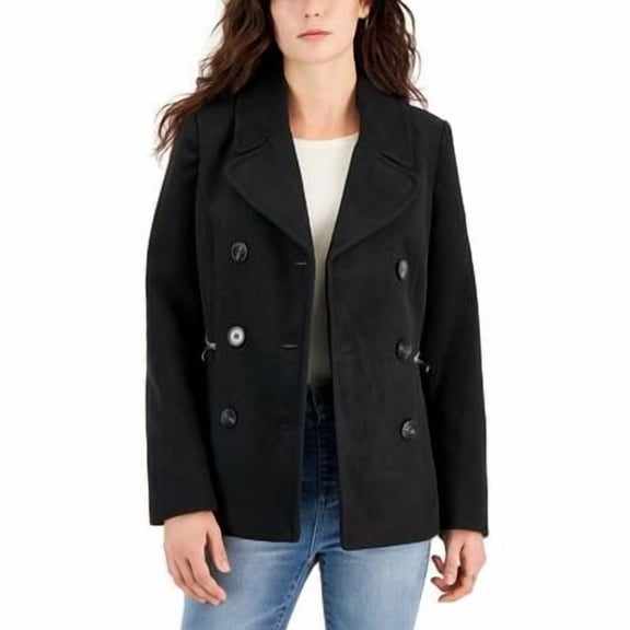 Maralyn & Me Juniors' Notched-Collar Double-Breasted Peacoat - Black S