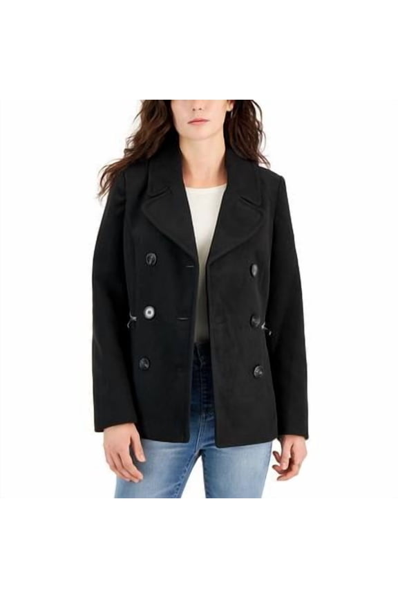 Juniors' Notched-Collar Double-Breasted Peacoat - Black S