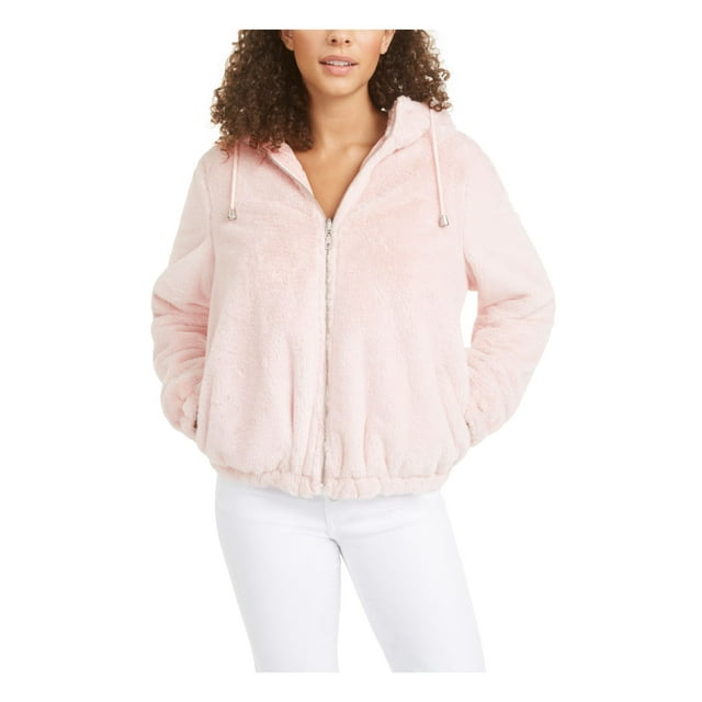 Maralyn & Me Juniors'  Reversible Cropped Hooded Faux-Fur Coat Med Pink Size Medium