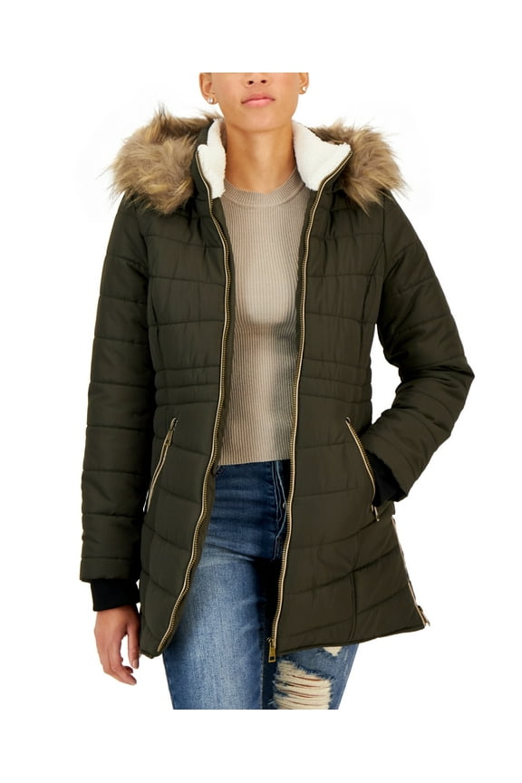 OLIVE Juniors'Cozy-Collar Faux-Fur-Hood Puffer Coat, M