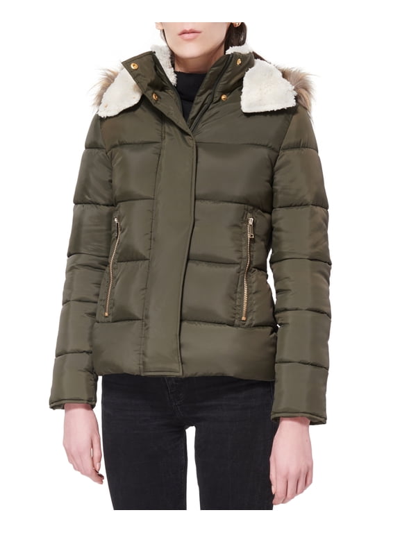 OLIVE Women's Juniors' Faux-Fur-Trim Hooded Puffer Coat, XL
