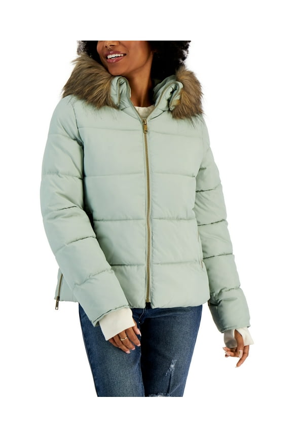 PISTACHIO GREEN Juniors' Faux-Fur-Trim Hooded Puffer Coat, S
