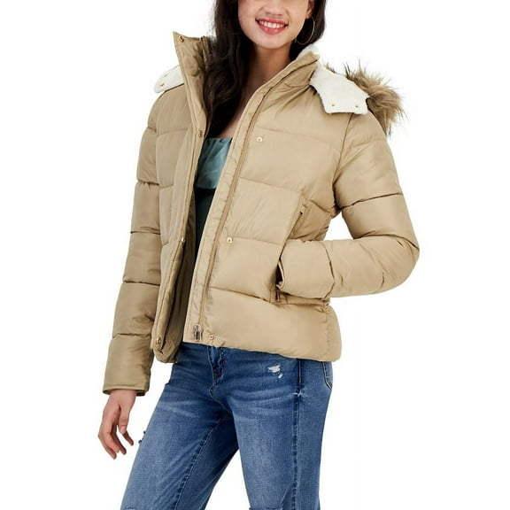 Maralyn & Me TAUPE Women's Juniors' Faux-Fur-Trim Hooded Puffer Coat,US M