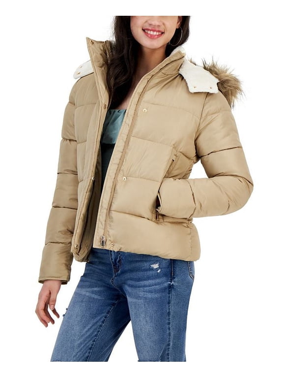 TAUPE Women's Juniors' Faux-Fur-Trim Hooded Puffer Coat,US M