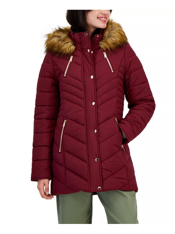 WINE Women's Juniors' Faux-Fur Hooded Puffer Coat , S