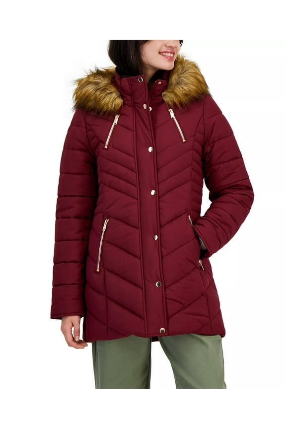 WINE Women's Juniors' Faux-Fur Hooded Puffer Coat , S