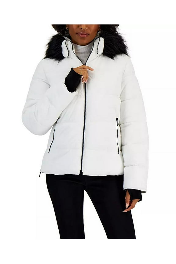 WINTER WHITE Women's Juniors Faux-Fur Hooded Puffer Coat , S
