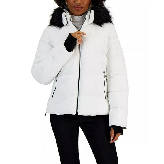 Maralyn & Me WINTER WHITE Women's Juniors Faux-Fur Hooded Puffer Coat , XS