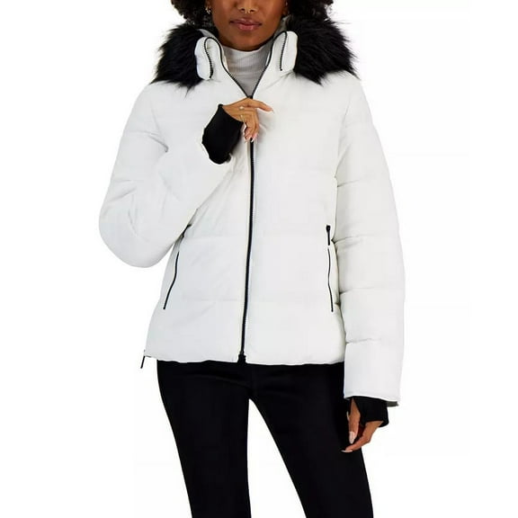 Maralyn & Me WINTER WHITE Women's Juniors Faux-Fur Hooded Puffer Coat , XS