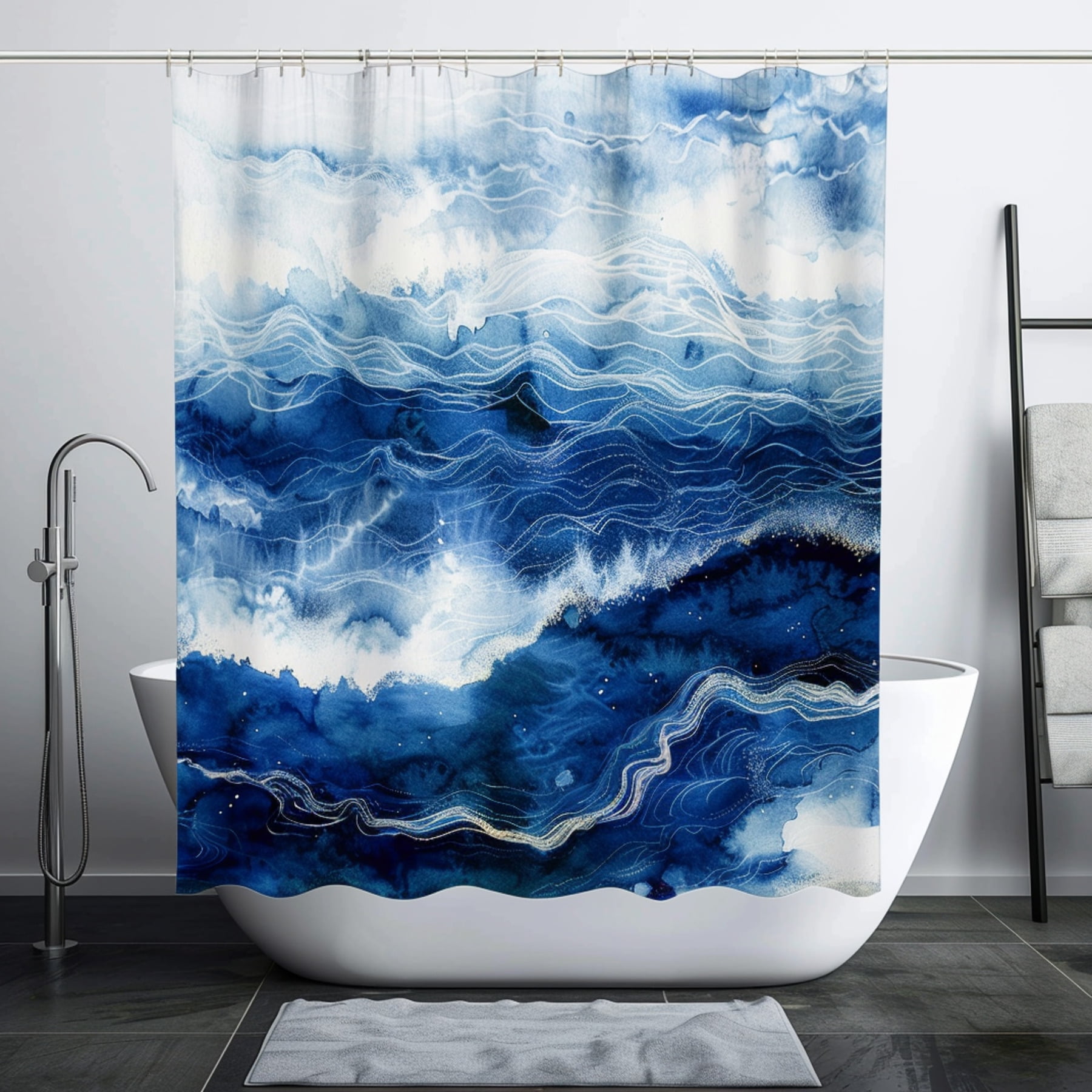 MaranaoInspired Ocean Waves Shower Curtain Set Elegant Blue & White ...