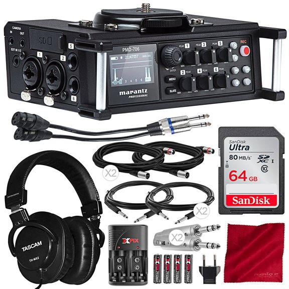 Marantz Professional PMD-706 96kHz 6-Channel DSLR Recorder with Mixing Headphones, 64GB Card, Platinum Accessory Bundle