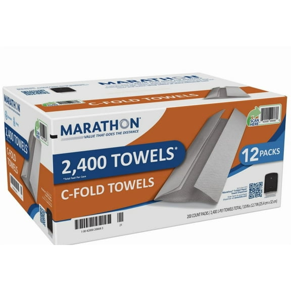 Marathon 1-Ply Absorbent C-Fold Towels 12 Packs 2400 Sheets, White Commercial Paper Towels for Dispenser Systems