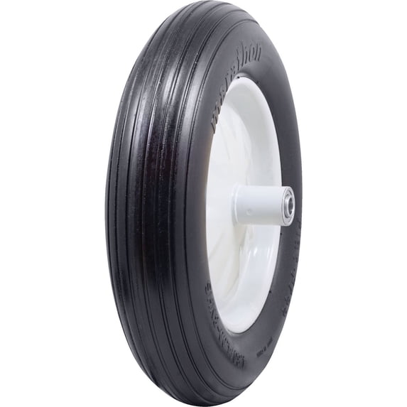 Marathon 4.80/4.00-8" Flat Free Wheelbarrow Tire on Wheel, 6" Centered Hub, 5/8" Ball Bearings, Ribbed Tread — Standard Vehicle Use, OE Replacement