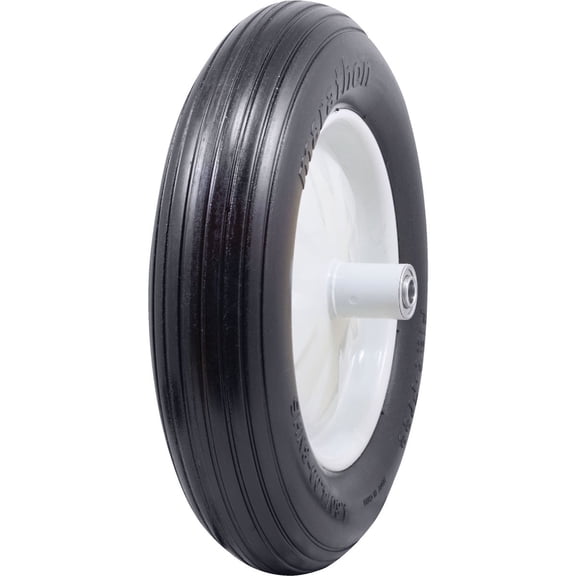 Marathon 4.80/4.00-8" Flat Free Wheelbarrow Tire on Wheel, 6" Centered Hub, 5/8" Ball Bearings, Ribbed Tread — Standard Vehicle Use, OE Replacement