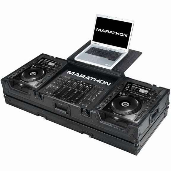 Marathon MA-CDJ2K19WLTBLK Black Series Flight Coffin with Wheels & Laptop Shelf, Holds 2 Large CD Players & Mixer - 19 in.