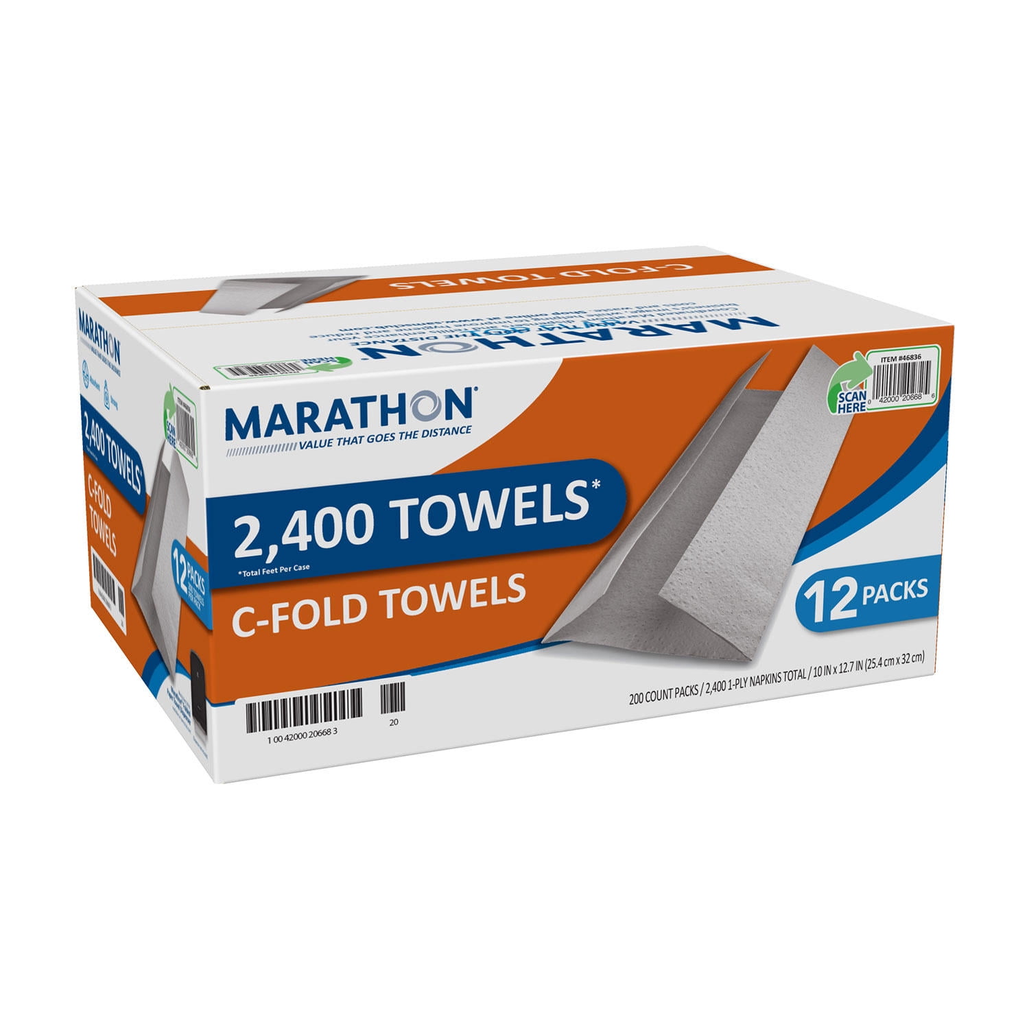 Marathon CFold Paper Towels, 1Ply, 10" x 13", White (2400 ct