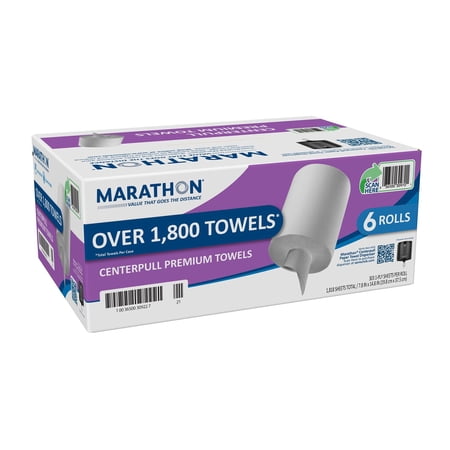 Marathon Center Pull Premium Soft and Absorbent Paper Towel Rolls with Hygienic and cost-effective, 1,800 Sheets (6 Rolls)