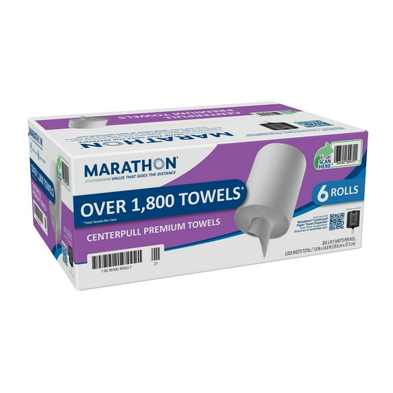 Marathon Center Pull Premium Soft and Absorbent Paper Towel Rolls with Hygienic and cost-effective, 1,800 Sheets (6 Rolls)