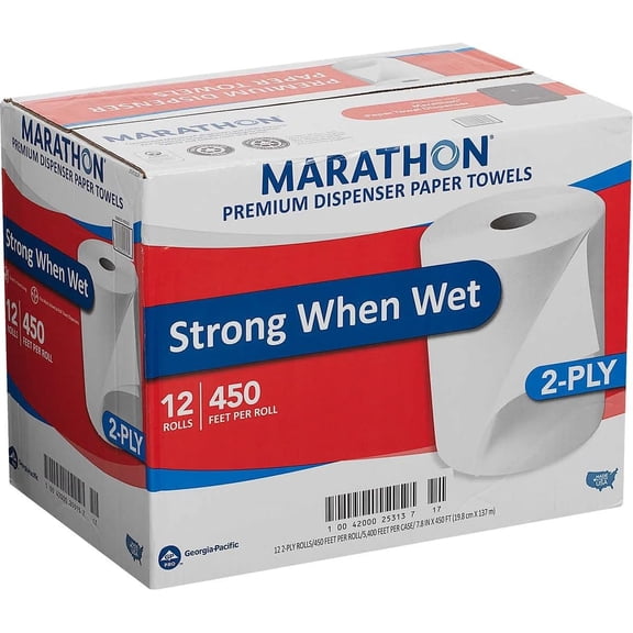 Marathon Dispenser Roll Towels, 12 Count, Non-Perforated, 2-Ply White Paper Towels