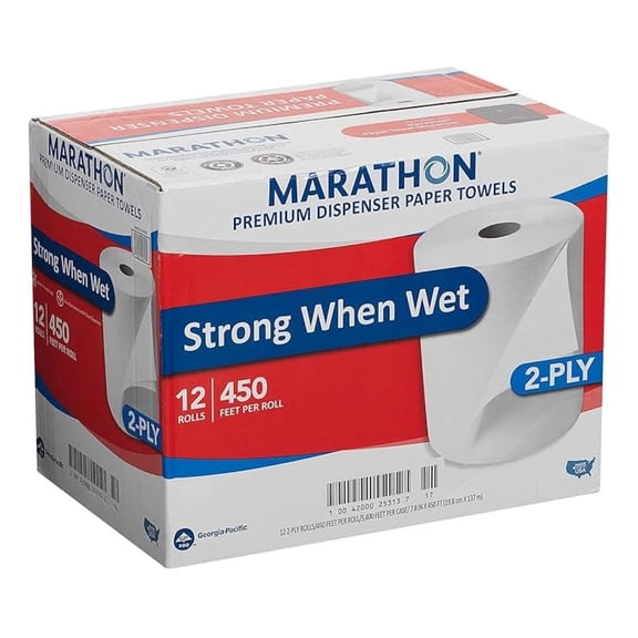 Marathon Dispenser Roll Towels, 12 Count, Non-Perforated, 2-Ply White Paper Towels