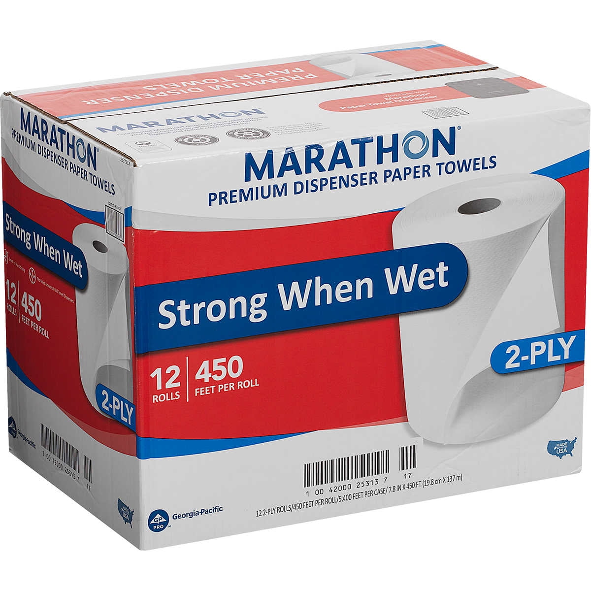 Marathon Dispenser Roll Towels, Non-perforated, 7.8" x 450', White, 12 ct