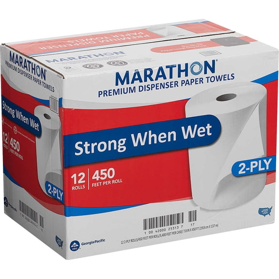 Marathon Dispenser Roll Towels, Non-perforated, 7.8" x 450', White, 12 ct