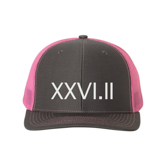 Marathon Hat, XXVI.II, 26.2 Hat, Trucker Hat, Adjustable Snapback, Running Hat, Gift For Runner, Exercise Cap, Athlete, White Text, Charcoal/Neon Pink