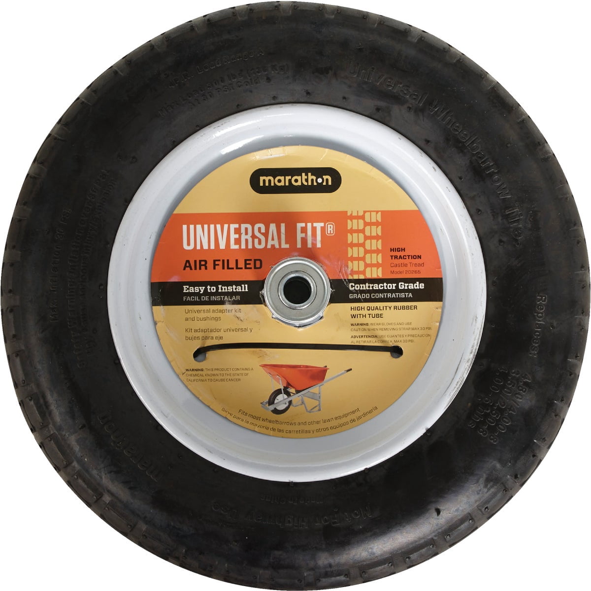 Marathon Industries 20265 Universal Fit Pneumatic Air-Filled Wheelbarrow Tire, 3" Centered Hub, 5/8" Ball Bearing with Spacer Kit Included