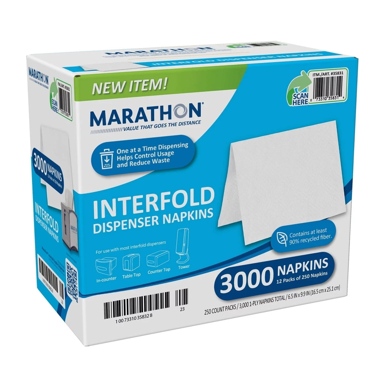 Marathon White 1-Ply Interfold Dispenser Napkins, 3000 Count