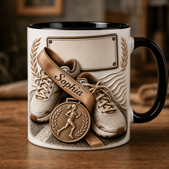 Marathon Runner Mug 2D Printed 3D Effect Personalized Name Race Medal Gift