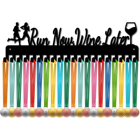Marathon Running Medal Holder Run Medal Hanger Display Sports Frame Iron Hooks Wall Mount Medal Rack for Hanging 60+ Medals Badges Runner Athlete Medalist 15.7 x 5.9Inch-Run Now Wine Later