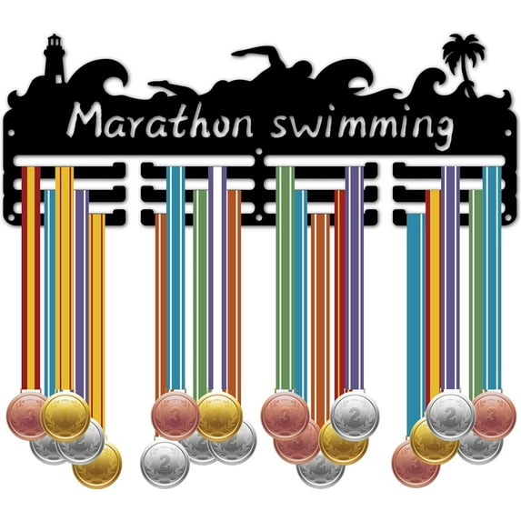 Marathon Swimming Medal Hanger Swim Medal Holder Display Wall Mount Decor Frame Iron Hooks Hanging Awards Metal Medal Rack Organizer for Sports Swimmer Athlete Medals Black 15.7 x 5.9Inch