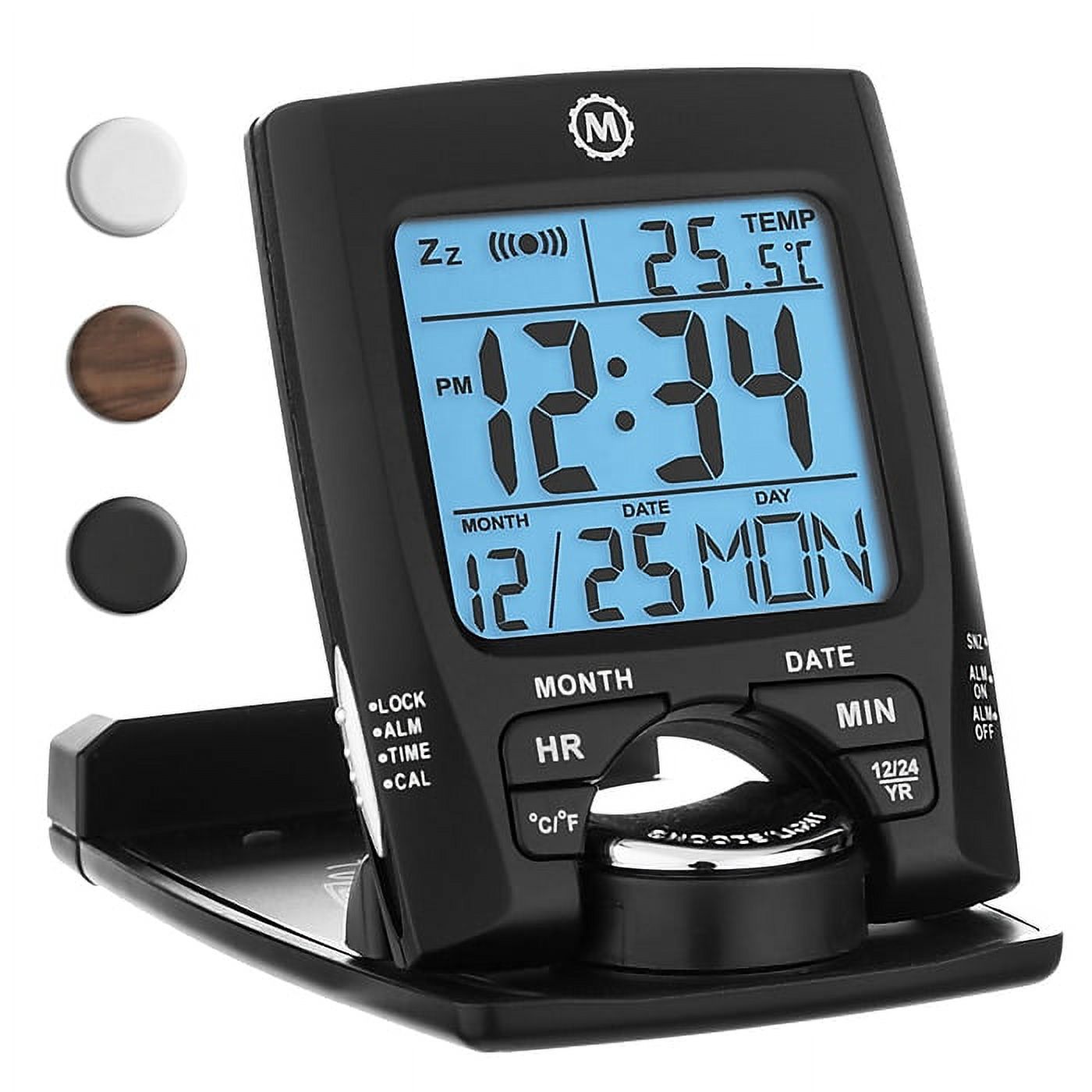 Marathon Travel Alarm Clock with Calendar, Black (CL030023BK)