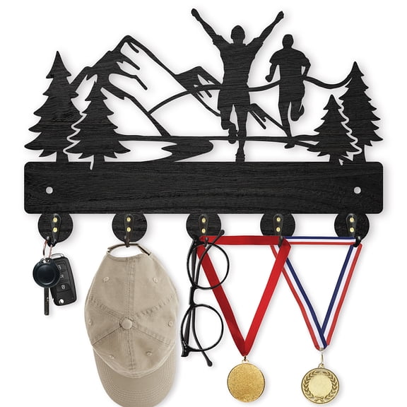 Marathon Wall Mount Coat Rack 11.88inch Mountain Tree Key Holder Run Wood Wall Coat Rack Hooks with 5 Metal Hooks for Hanging Sports Medals