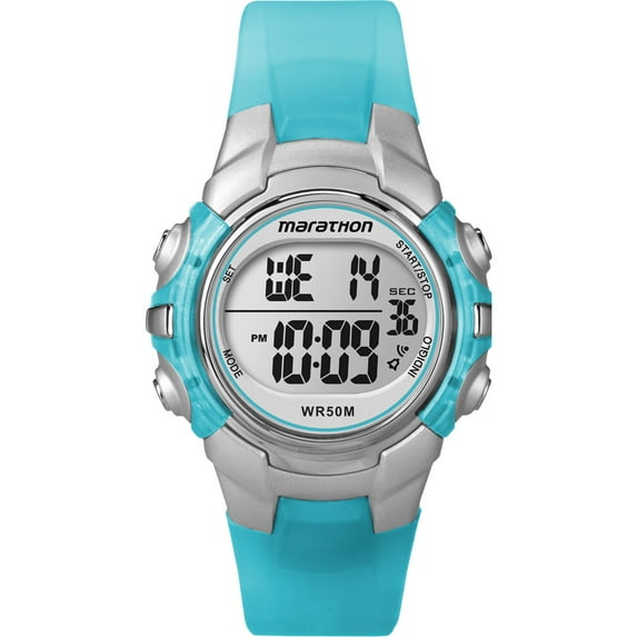 Marathon by Timex Digital Mid-Size Light Blue/Silver-Tone Watch, Resin Strap