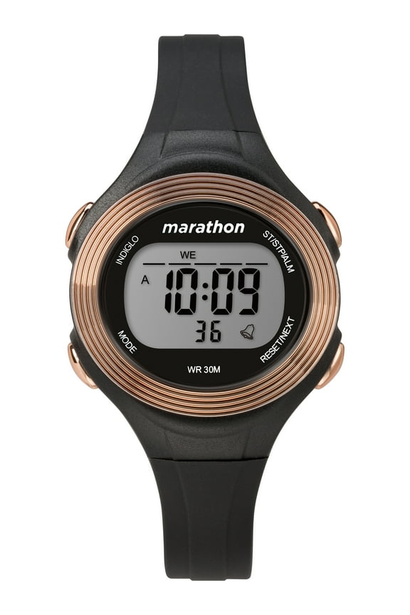 Marathon by Timex Women's Digital 34mm Black/Rose Gold-Tone Watch, Resin Strap
