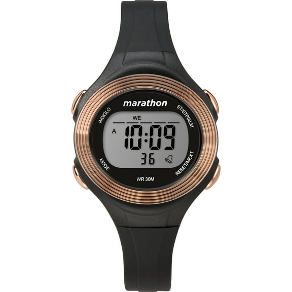 Marathon by Timex Women's Digital 34mm Black/Rose Gold-Tone Watch, Resin Strap