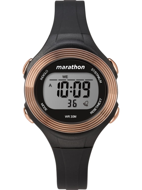 Marathon by Timex Women's Digital 34mm Black/Rose Gold-Tone Watch, Resin Strap