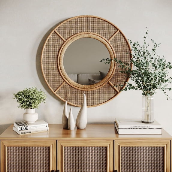 Maraya Tan Rattan-Bamboo Round Boho Wall Mirror