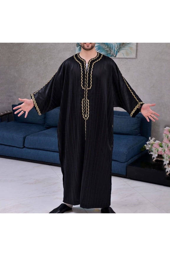 Men Stripe Jubba Kaftan Dishdash Thobe Saudi Arab Muslim Clothing Maxi Robe New Black M